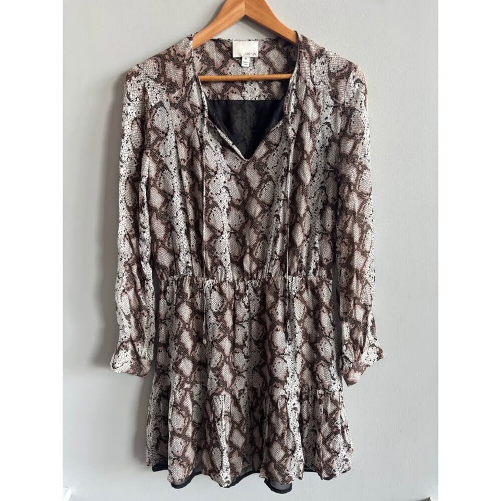 Greylin Snakeskin Python Print Long Sleeve Tie Neck Tiered Mini Dress Size M
